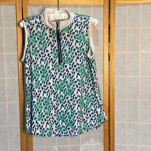 Pebble Beach Sleeveless Top with Green and Blue Leaf Pattern